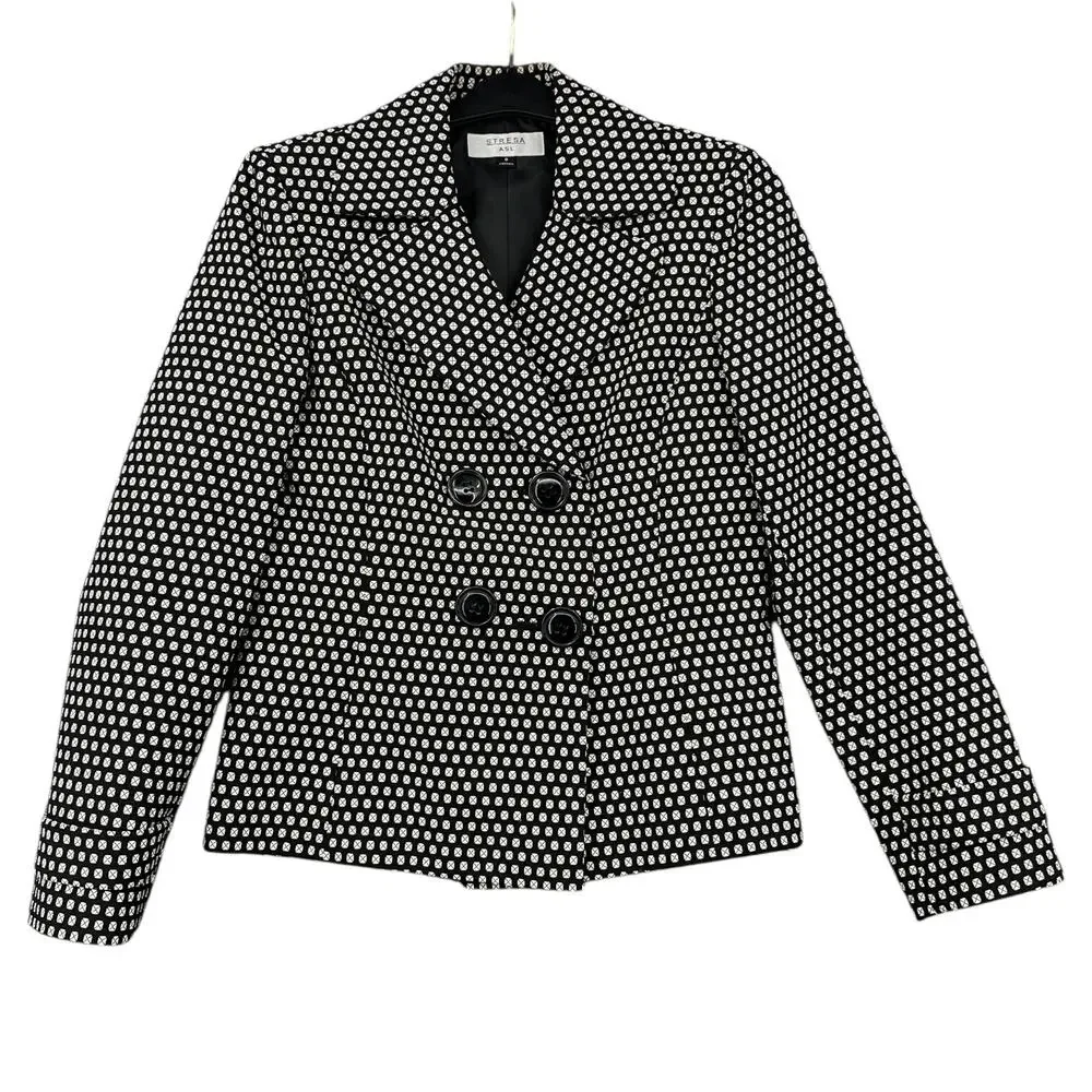 Stresa Black White Double Breasted‎ Notched Lapel Geometric Blazer Jacket Size 8